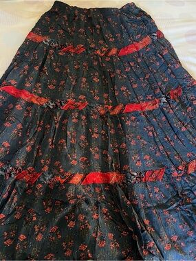 Navy Blue and Red Striped and Floral Maxi Skirt